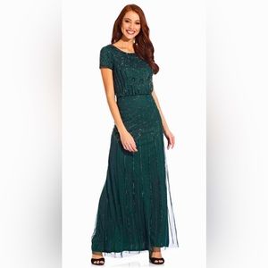 NWT Adrianna Papell Short Sleeve Blouson Beaded Gown, Dusty Emerald, Size 4